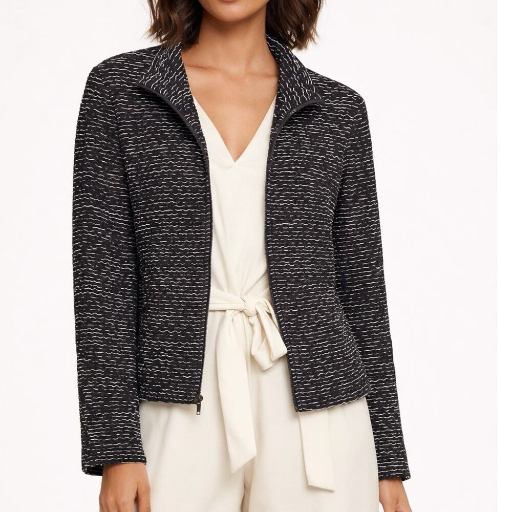 Akris Full Zip Jacket Womens Size 10 Navy White 100% Silk Wavy Textured Topper